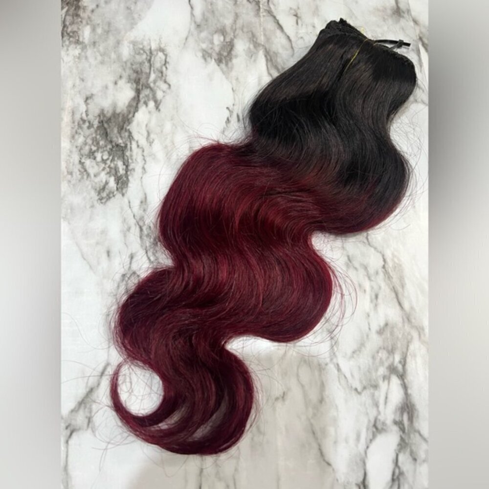 16 In Body Wave Ombre Black & Dark Red Clip in Hair Extensions Set